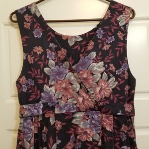 Vintage 1990s Laura Ashley black and purple floral v-neck midi pinafore